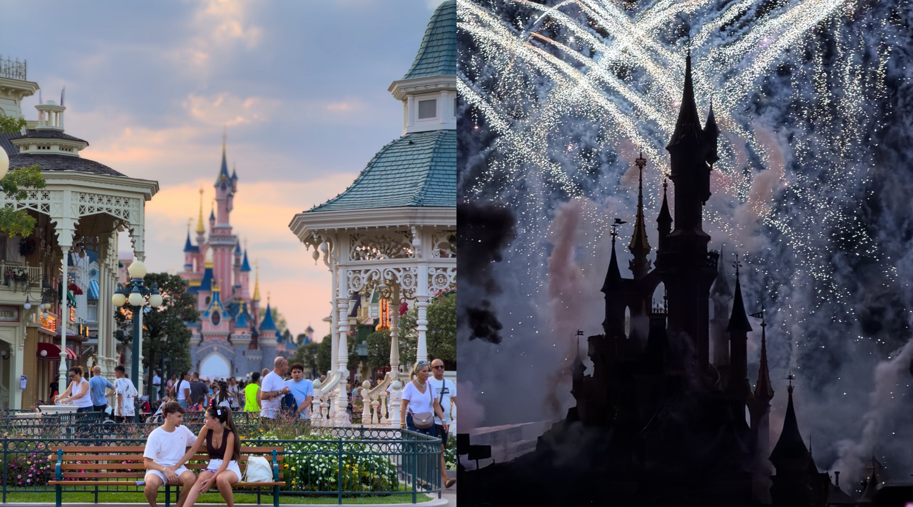 Main Street da Disneyland Paris ao entardecer e o Castelo da Bela Adormecida iluminado por fogo de artifício