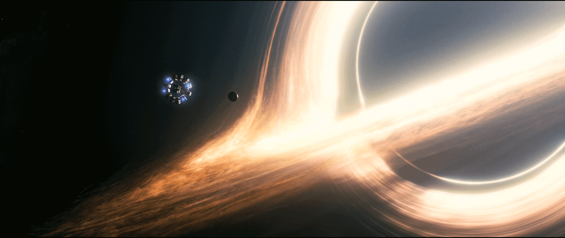A spacecraft before a luminous black hole in Interstellar.