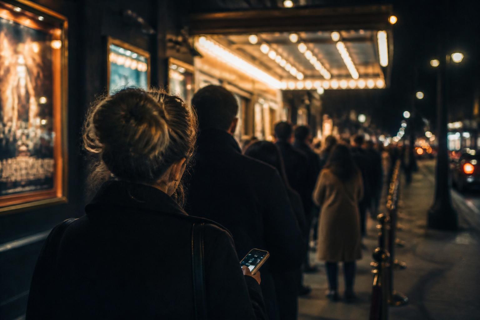 Público em fila à entrada de um Teatro à noite, junto aos cartazes iluminados.